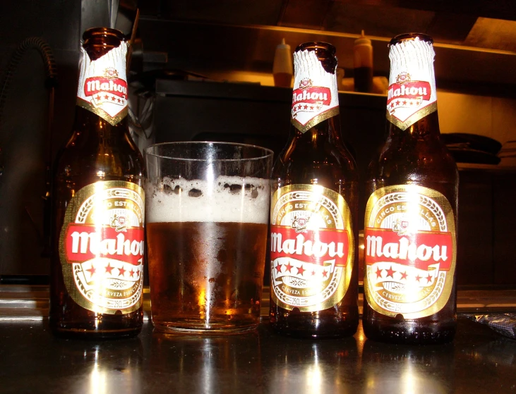 three bottles of beer with a glass on the counter