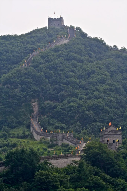 the long view shows many flags on top of a hill