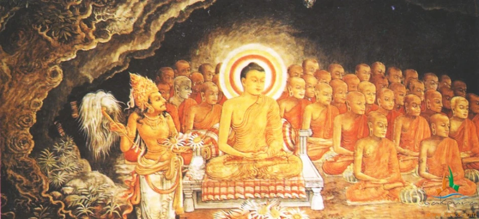 a mural in a cave with people seated around the buddha