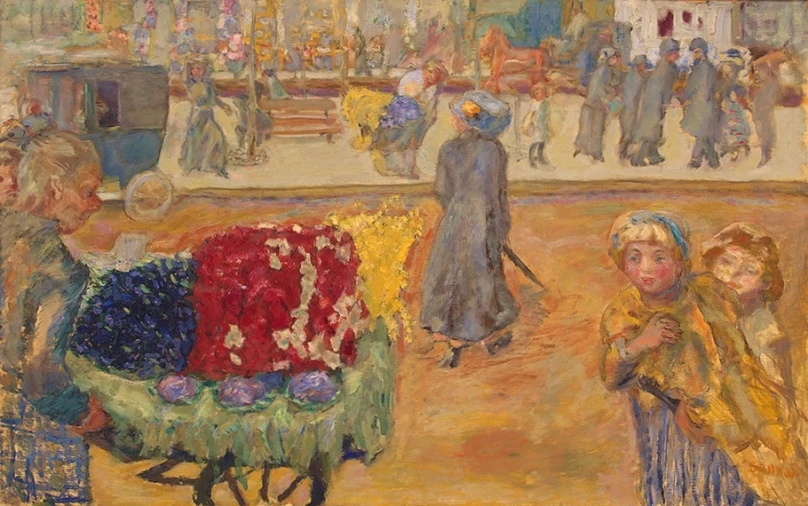 an image of a painting of people walking by a display