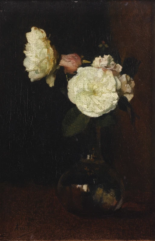 a painting of two large flowers in a vase