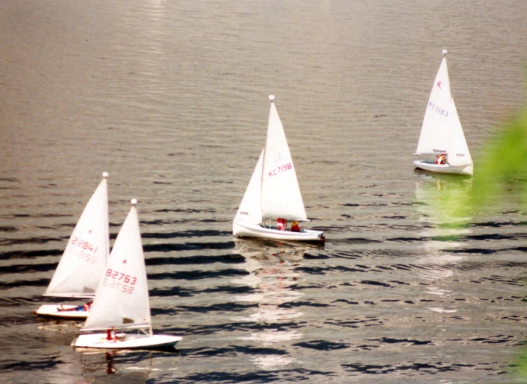 four small sailboats are in the water on calm waters