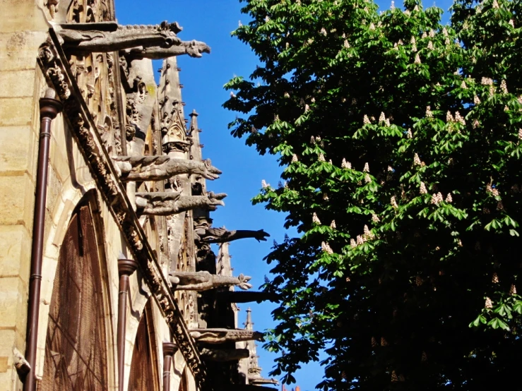 some wood carvings on the side of a building