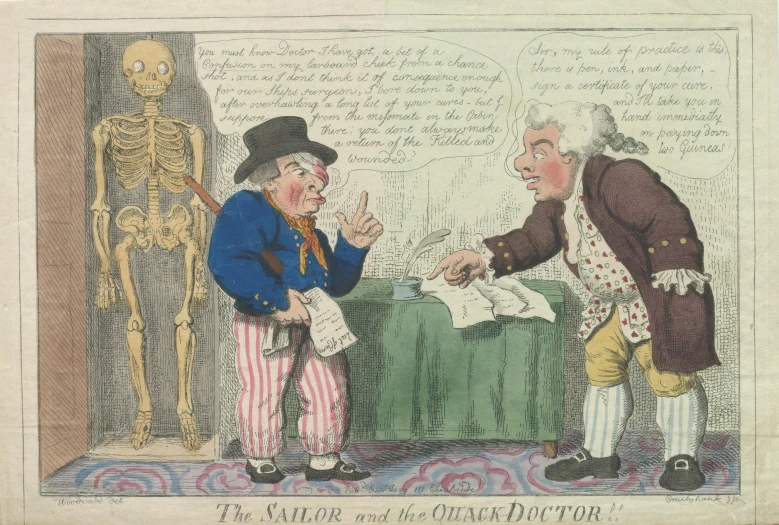 an old political cartoon showing a skeleton with a bandaged head