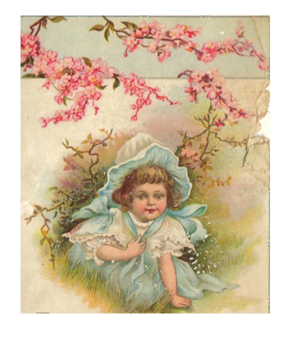 an antique children's book cover with a little girl and a bird in front of some pink flowers