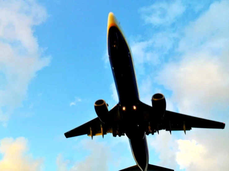 an airplane takes off into the sky on a sunny day