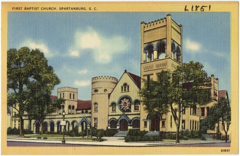 a drawing of a large white church surrounded by trees