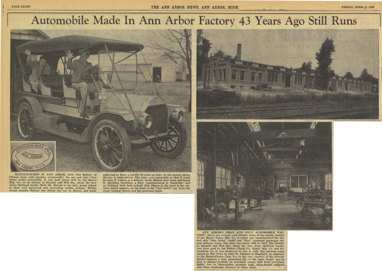 a newspaper article featuring a car and two pos of a horse drawn carriage