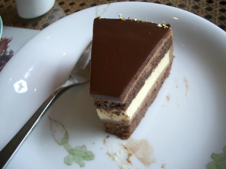 a close up of a plate with a piece of cake