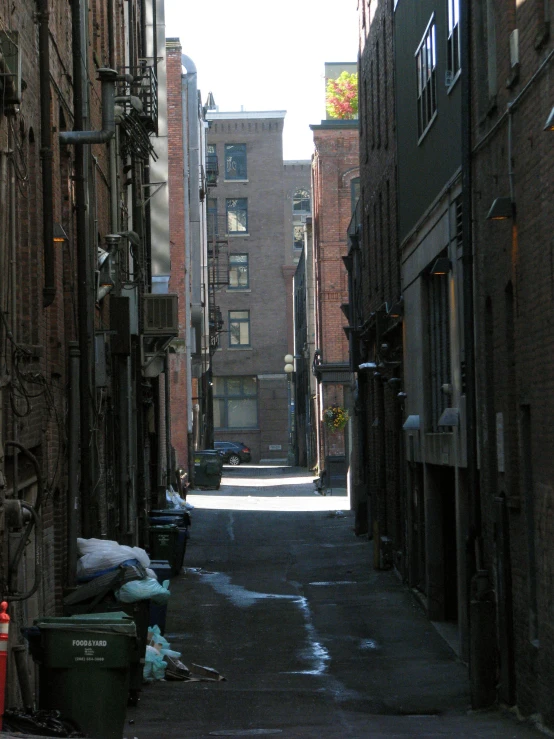 a large alley way with trashcans and some buildings