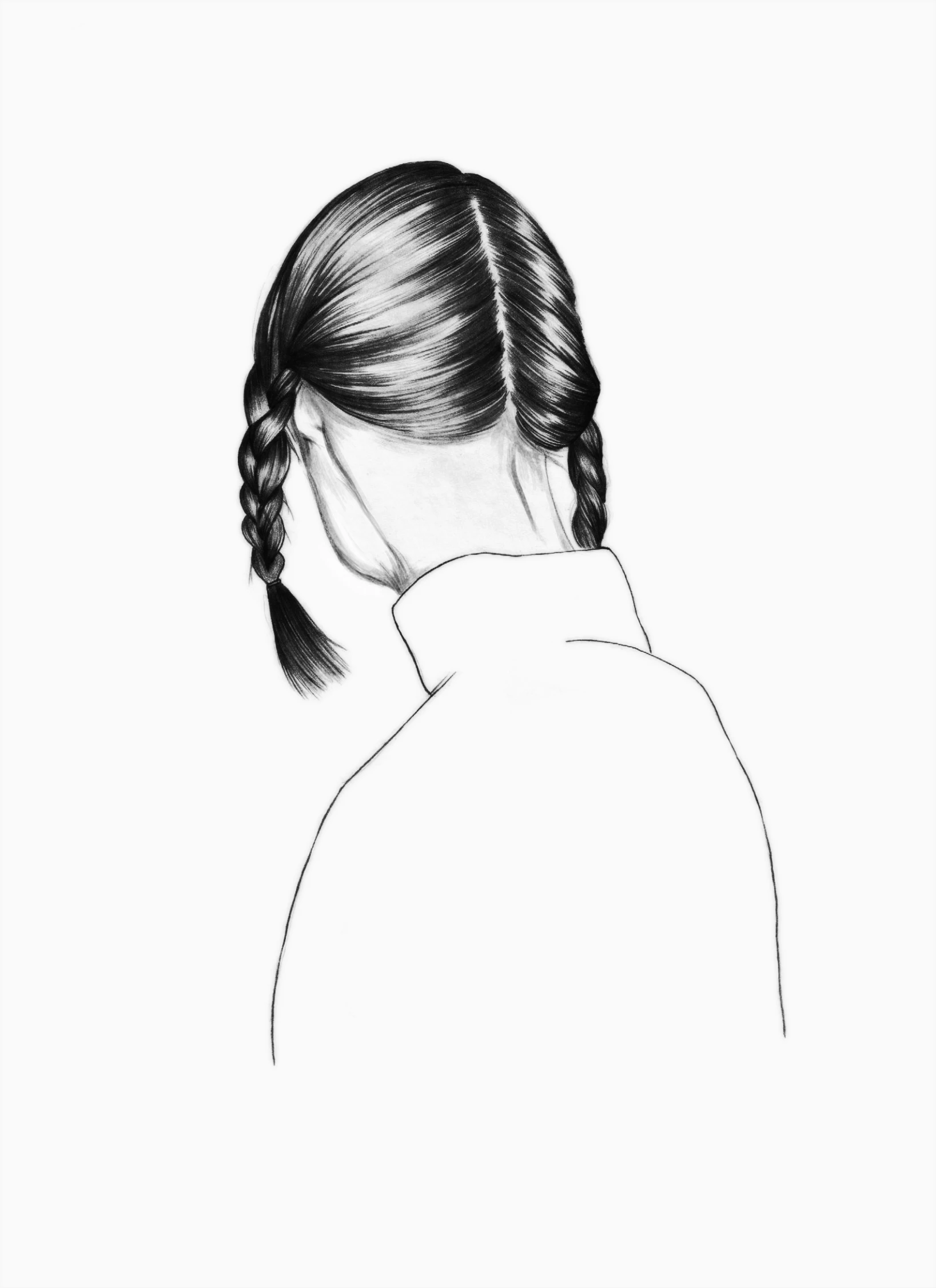 the drawing of a girl's profile, her ponytail in pigtails