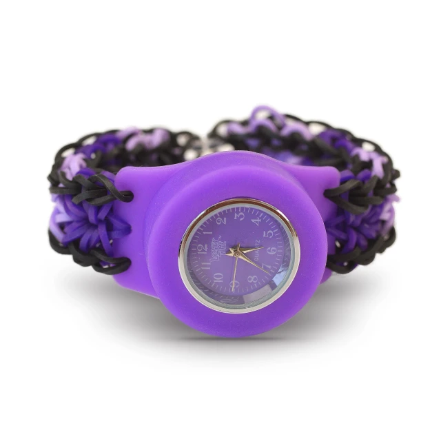a close up s of a purple watch on a wrist