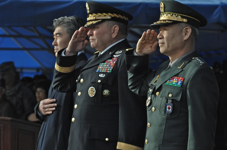 the soldiers salutes their military insignia on the stage