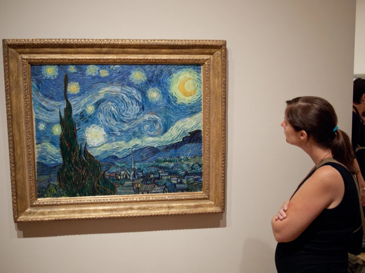 a woman looking at the starry night paintings