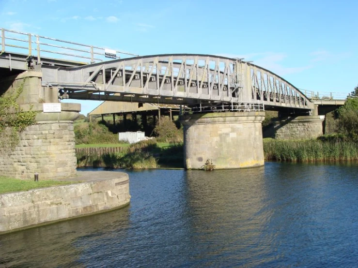 a bridge over a river that has two tall buildings