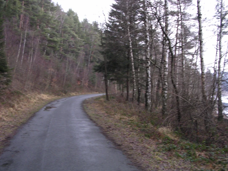 the road is winding down the hill near the water