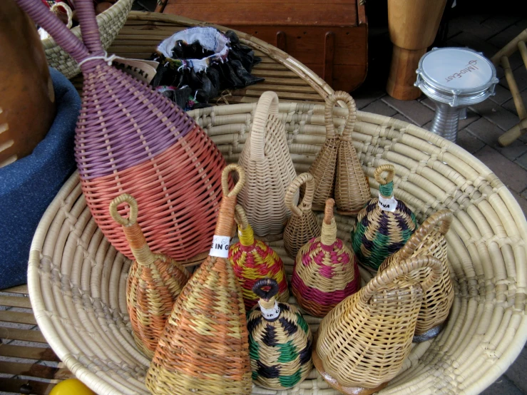 baskets that have different designs and sizes sit on a basket