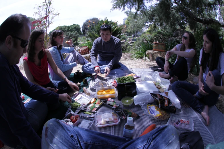 people are sitting around a table having lunch