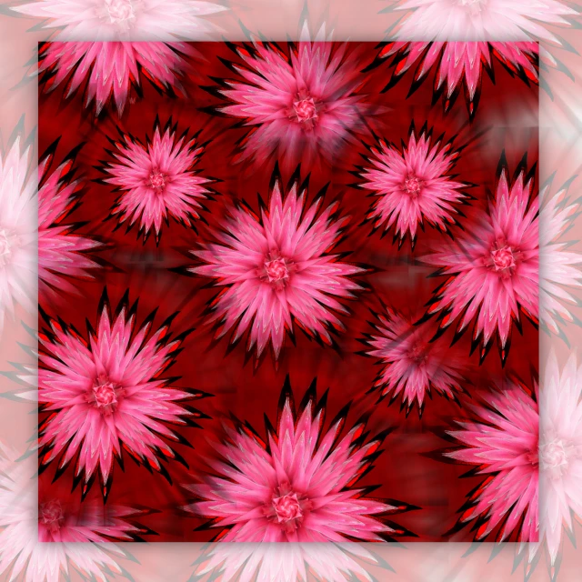 a red background with many pink flowers on it