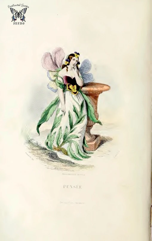 an illustration of a woman in dress next to a bench