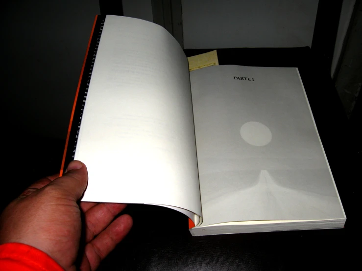 open white book showing pages that are missing and left upside down