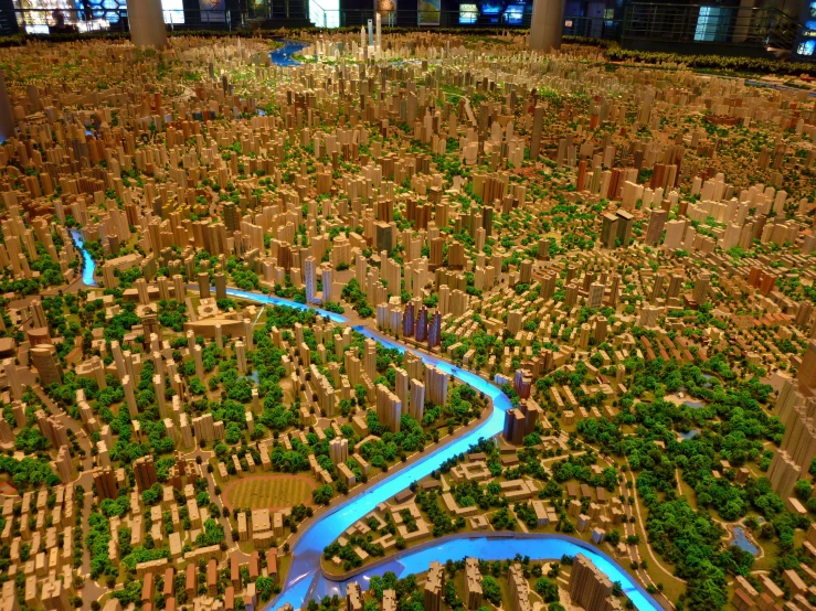 a model of a city, with blue lights in it