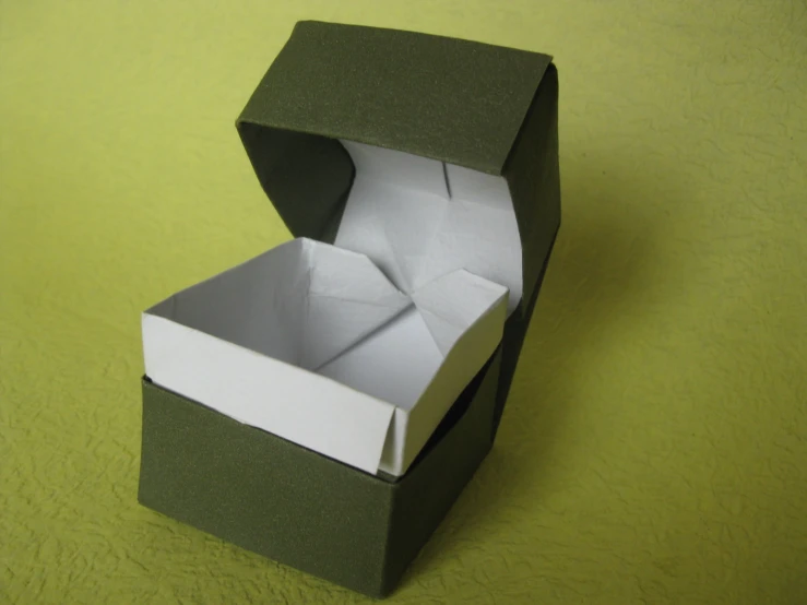 an open green box sits on a table