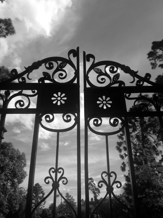 a metal gate with decorative designs is in front of a sky with clouds