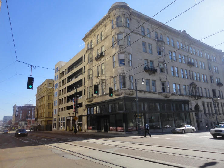 a street corner in a city with an empty street