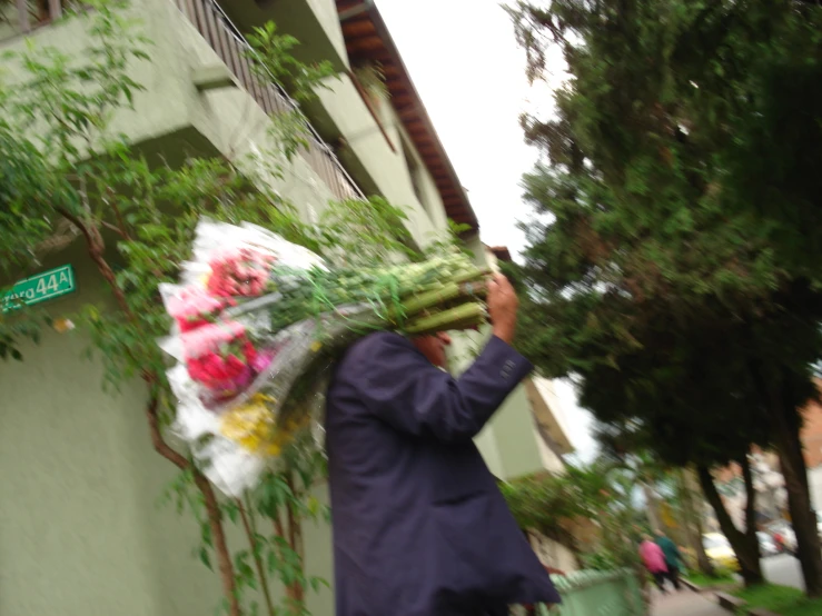 the man carries flowers on his head from the side