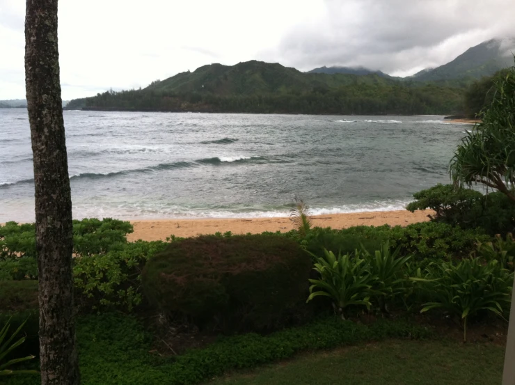 a sandy beach next to the ocean with waves coming in