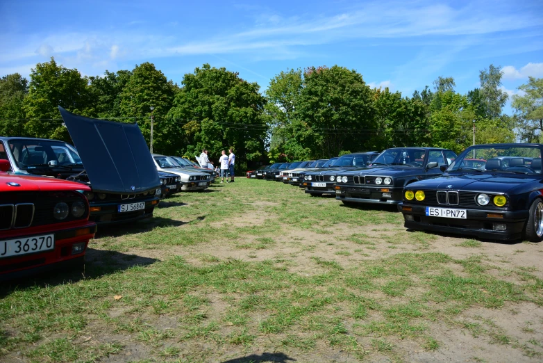 there is a row of parked cars and there is also a bmw car on the grass field