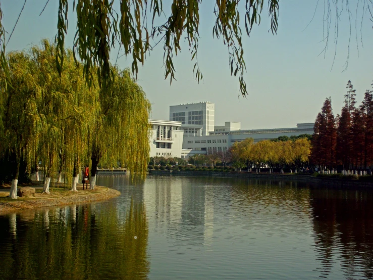 some people are standing on the bank of a river