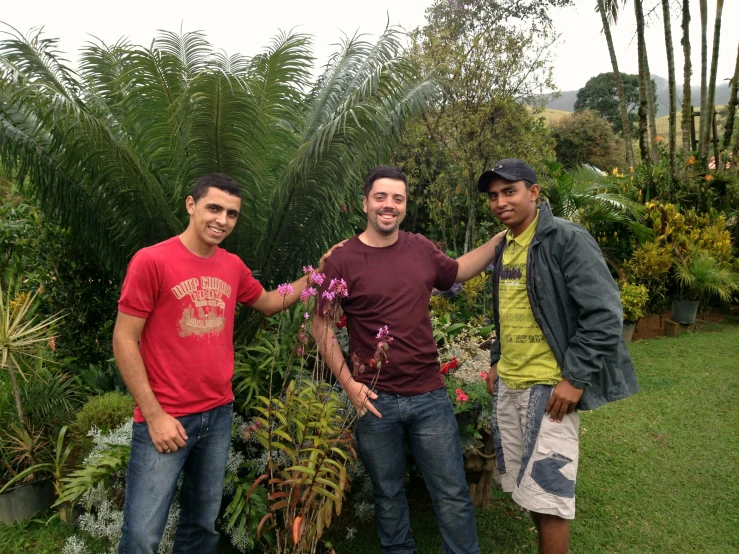 three men standing together in some bushes outside