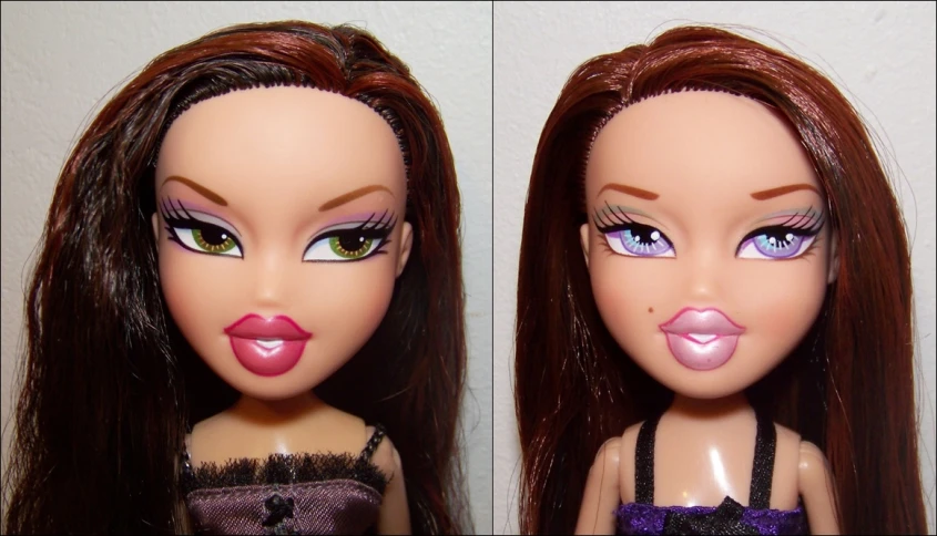 two dolls are both dressed up with pink lips