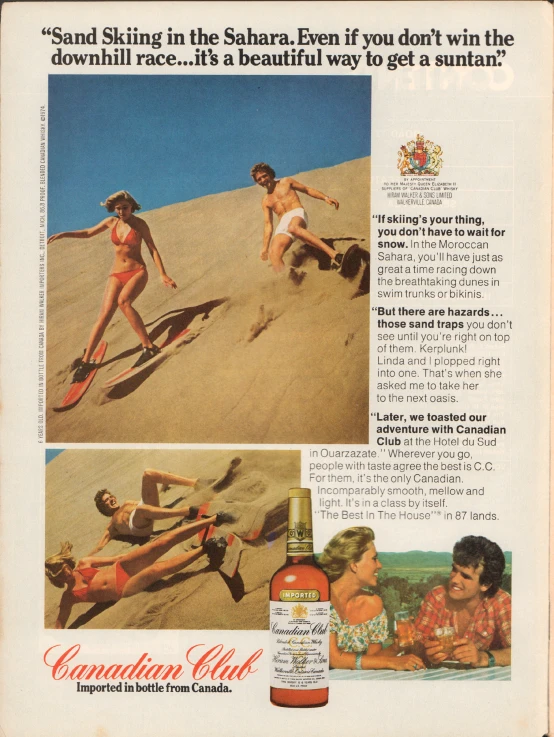 a poster shows women in swim suits with skis and one has a cocktail