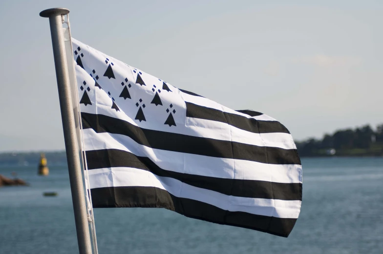 a striped flag flying in front of the ocean