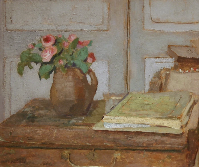 a painting of flowers are on a brown table