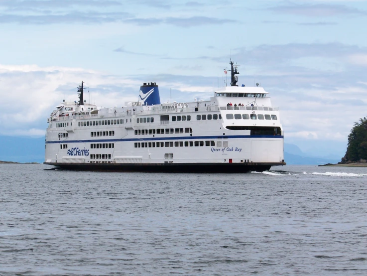 there is a large ferry that can be seen in the water