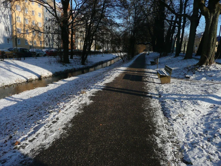 a view down a snowy street with a line of benches in the snow