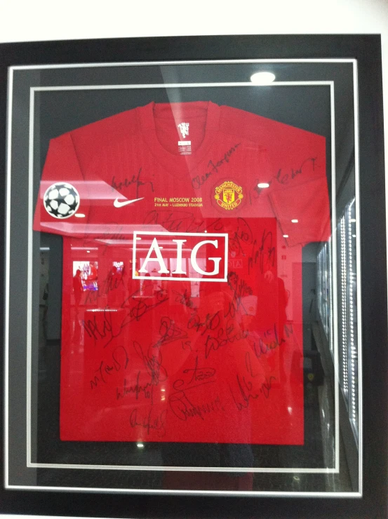 this is an autographed display of a manchester shirt