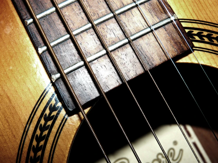 a close up of the fret part of an acoustic guitar