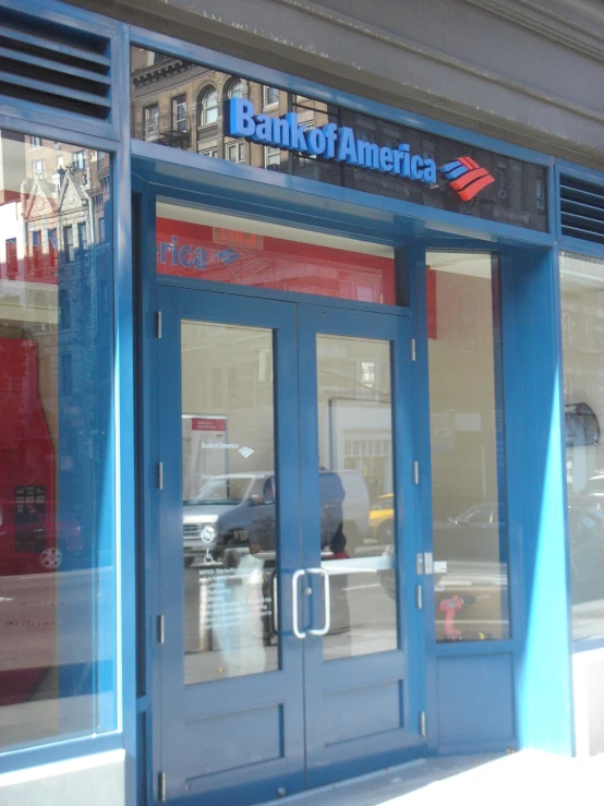 an bank of america building with blue doors