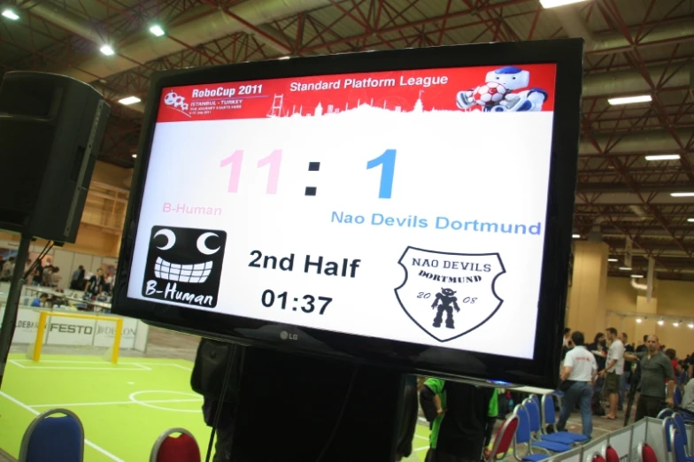 the television screen displays the times on each team during a game