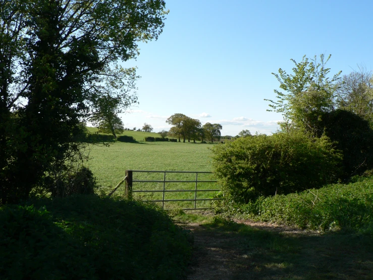 a gate stands in the grass beside a large field