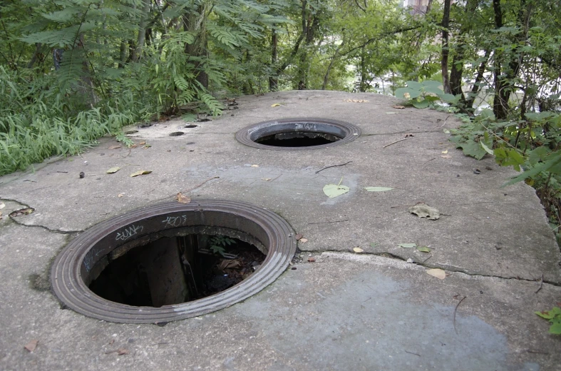 an opened manhole with trees in the background