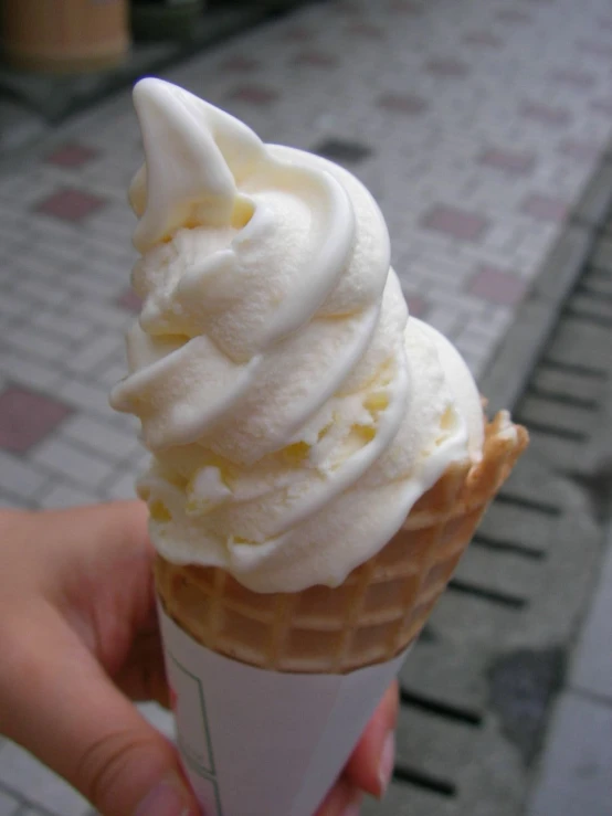 a person holding up an ice cream in a cone