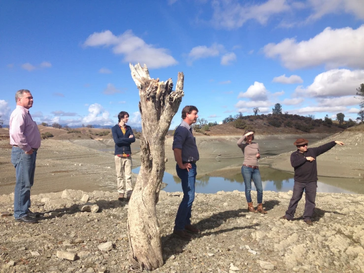 people standing by a dead tree on the ground