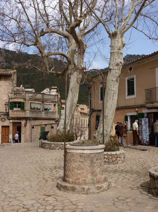 trees in a cobblestone village near buildings