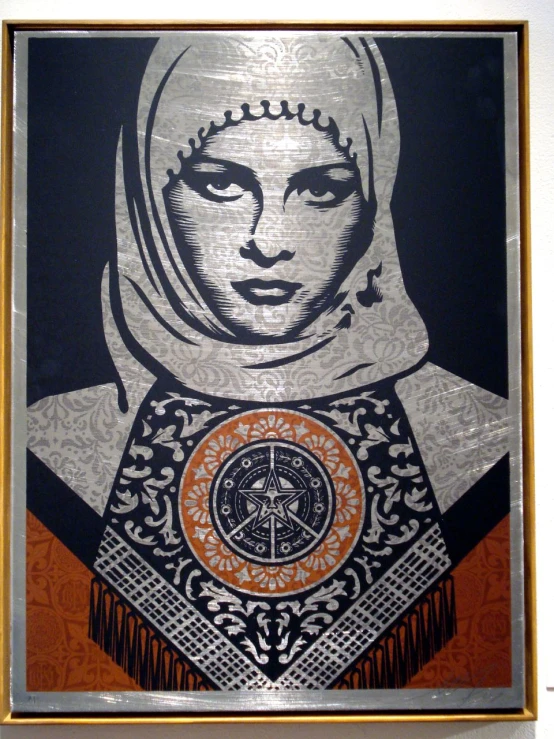 a large painting with black, white, orange and yellow